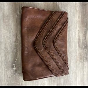 Brown faux Leather envelope clutch w. Zipper Detai
